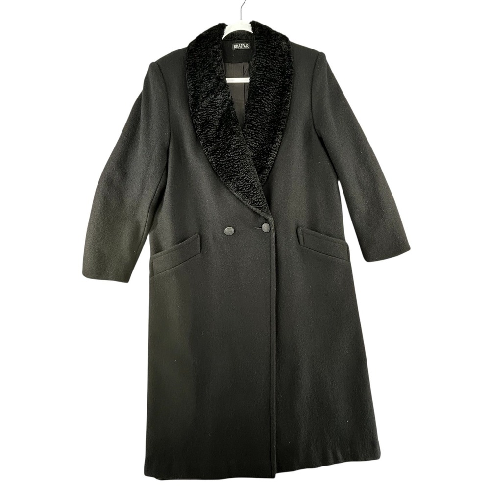Vintage Braefair Black Wool‎ Blend Coat Faux Fur Collar Womens Plus Size 16W